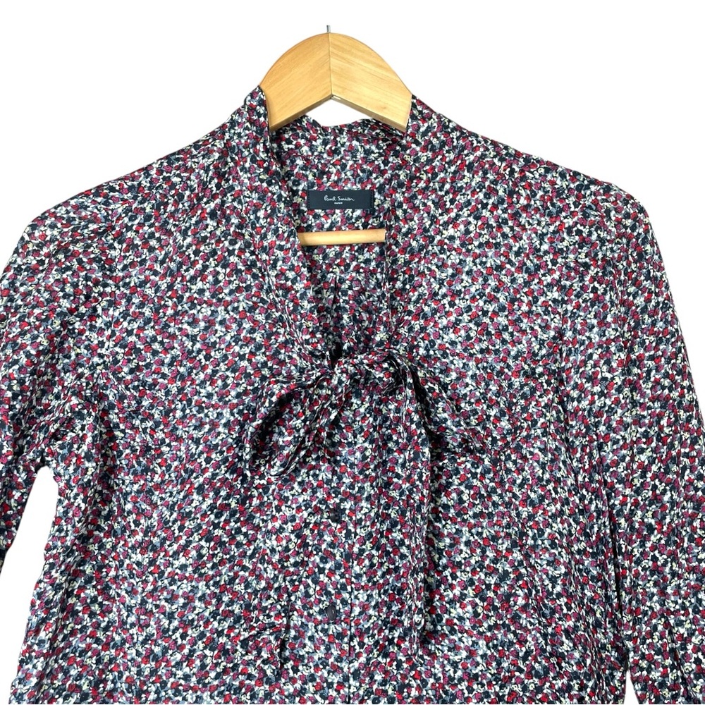 Paul Smith Women Blouse Black Floral Tunic Top 100% silk Bow Tie Size 40 EUC - Picture 3 of 12